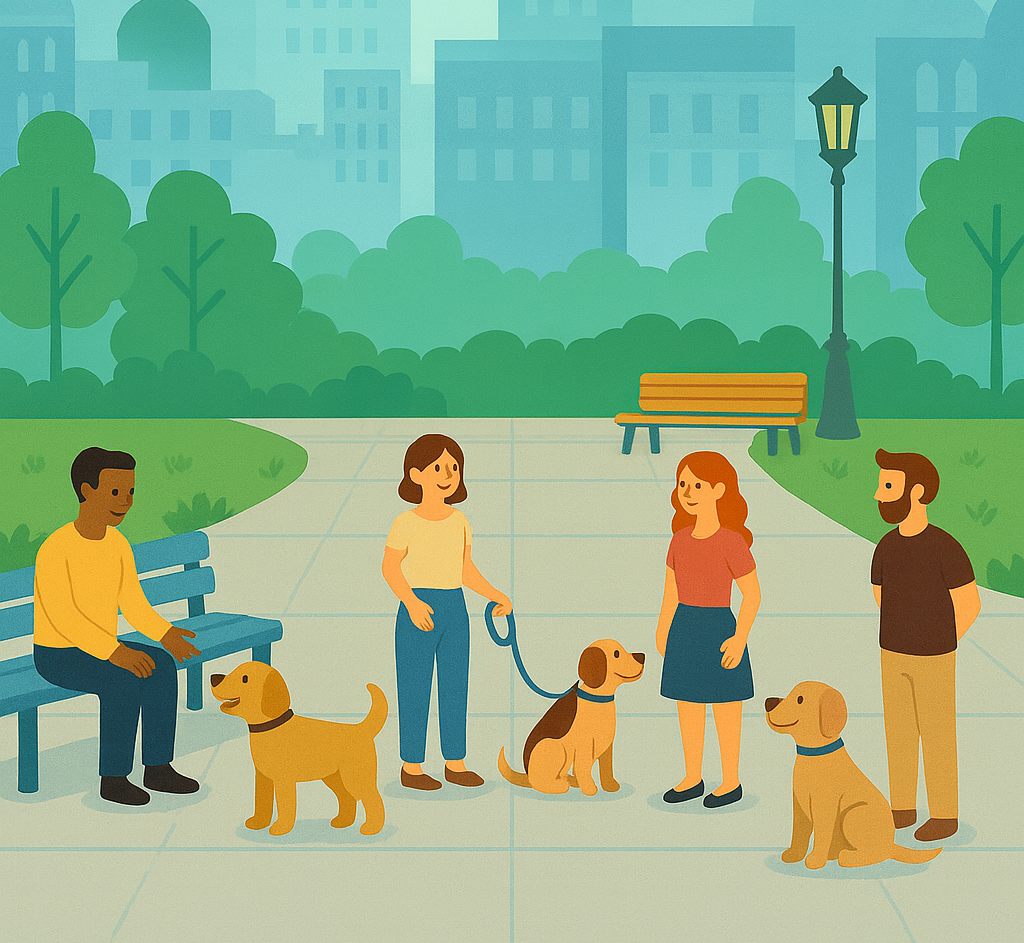 Meetup of dogs and owners